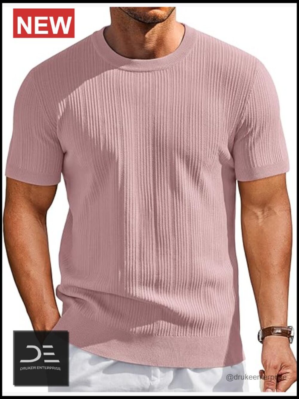 Men's Short Sleeve Crewneck Ribbed Knit T-Shirt Casual Dress Tee